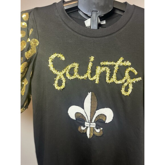 Sash Boutique Louisiana Saints Sequin Top XS Black Gold Fleur-de-Lis Puff Sleeve - Picture 5 of 10
